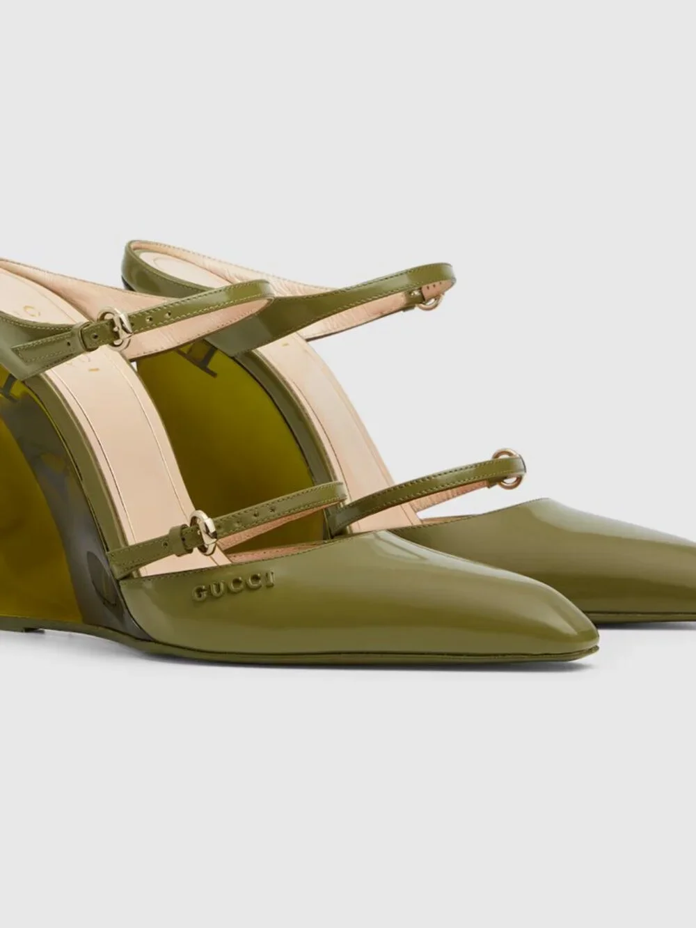 GUCCI SHOES LEATHER w LUCITE WEDGE MULES LOGO EMBOSSED  sz 39 9